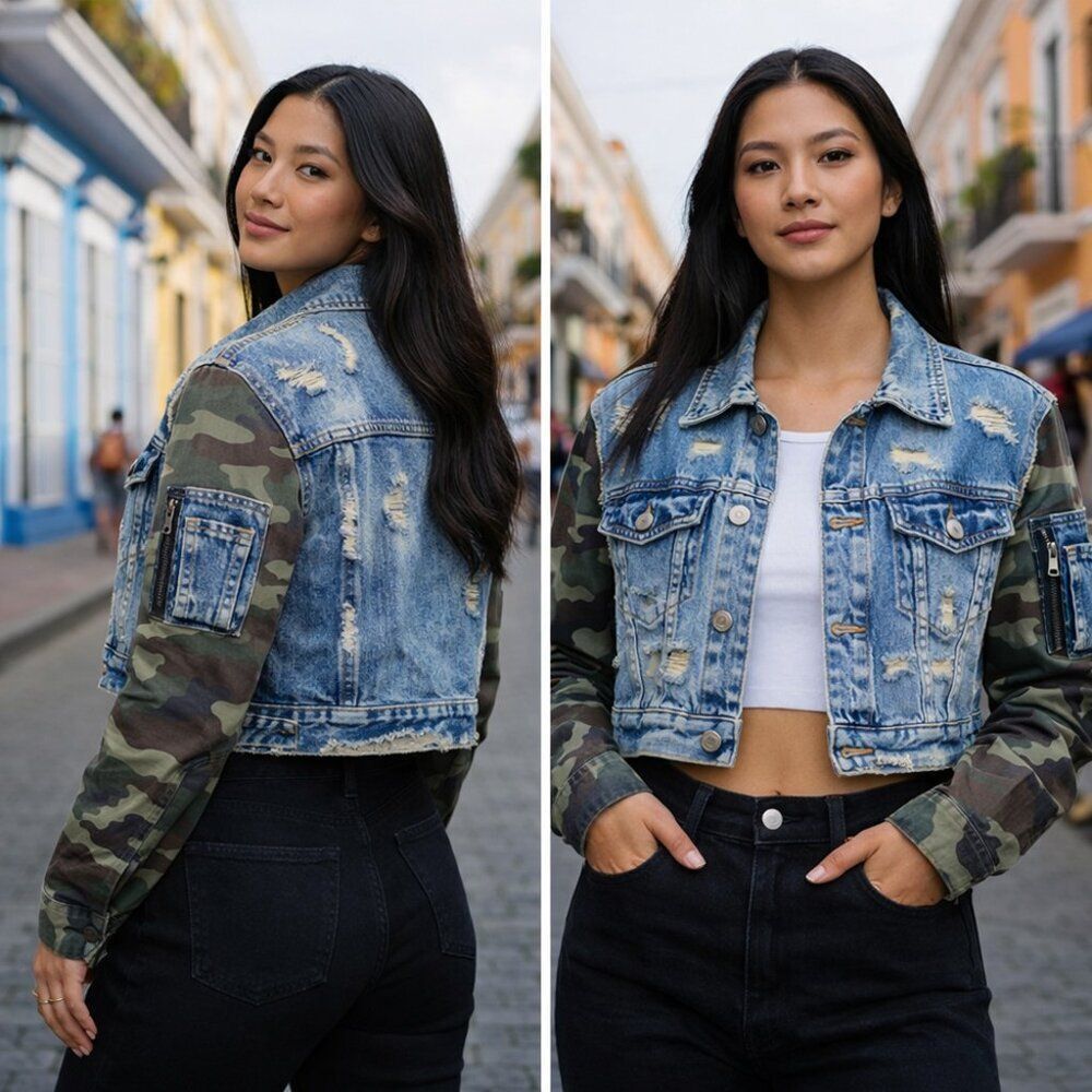 Distressed Denim Jacket w Camo Sleeves Cropped Moto Utility Pocket